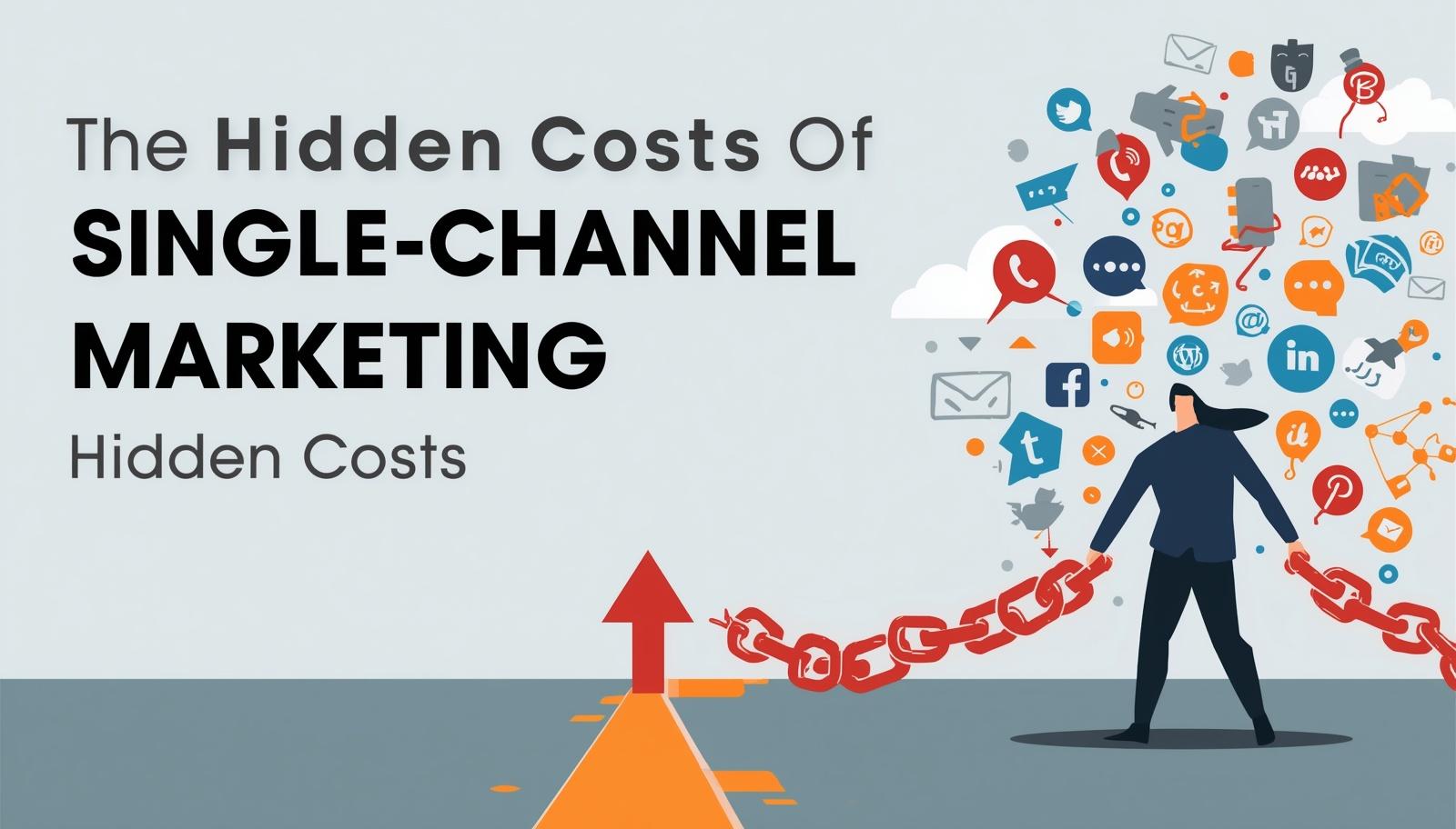 A business professional tethered to various social media icons by chains, representing the limitations of single-channel marketing.