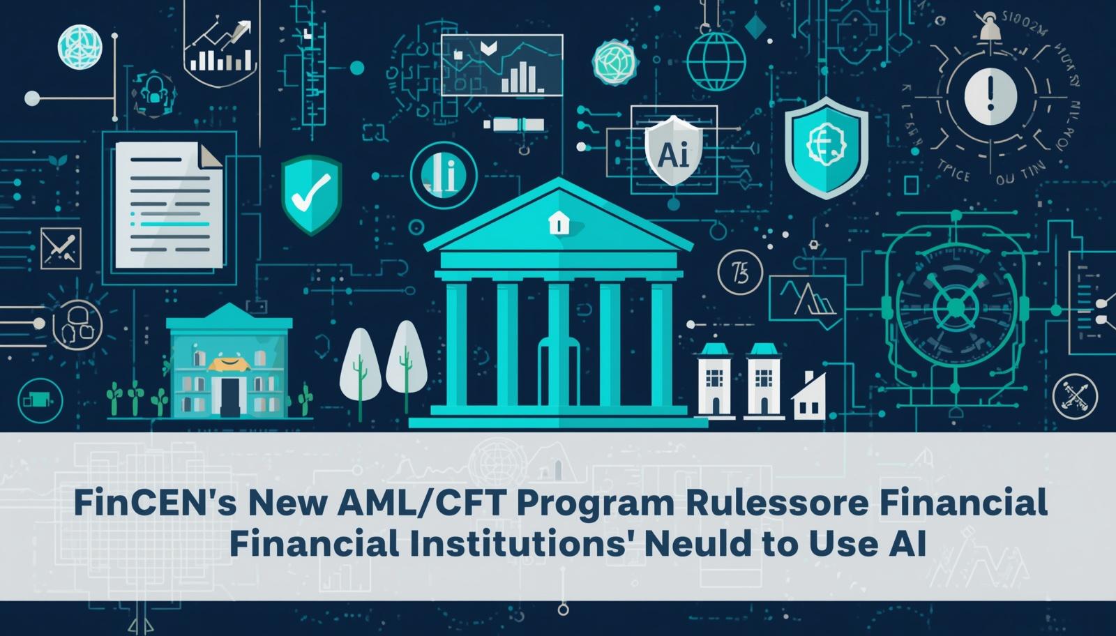 Digital illustration of bank buildings overlaid with AI, security, and data analytics icons on a dark blue background.