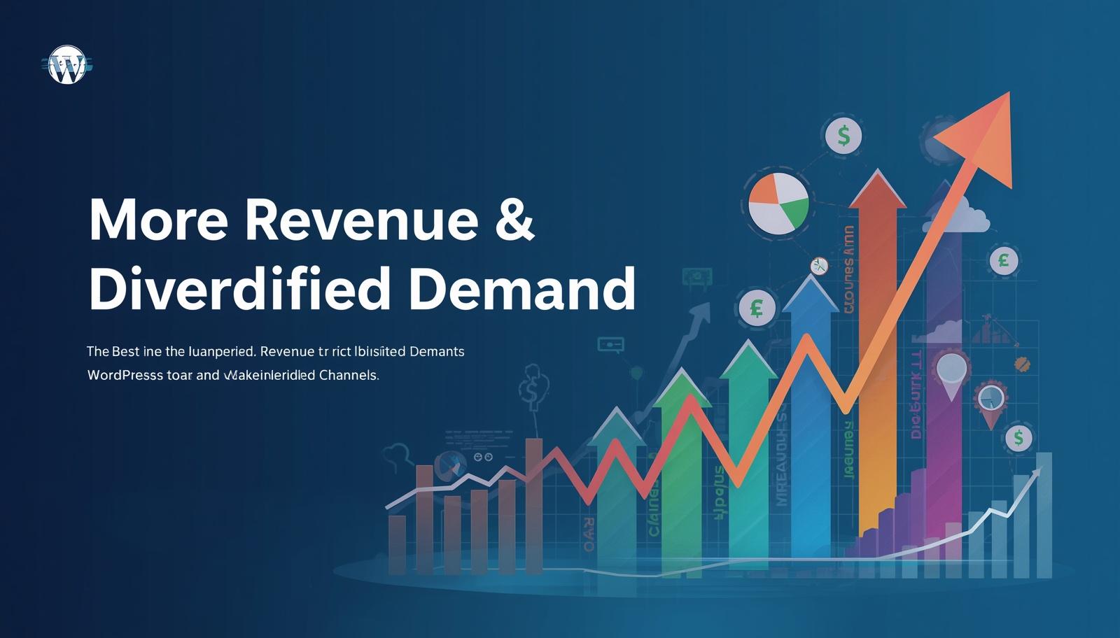 A stylized bar chart showing rising revenue trends with overlaid growth arrows, currency symbols, and pie chart icons.